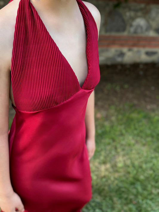 Plise Detaylı Bordo Elbise