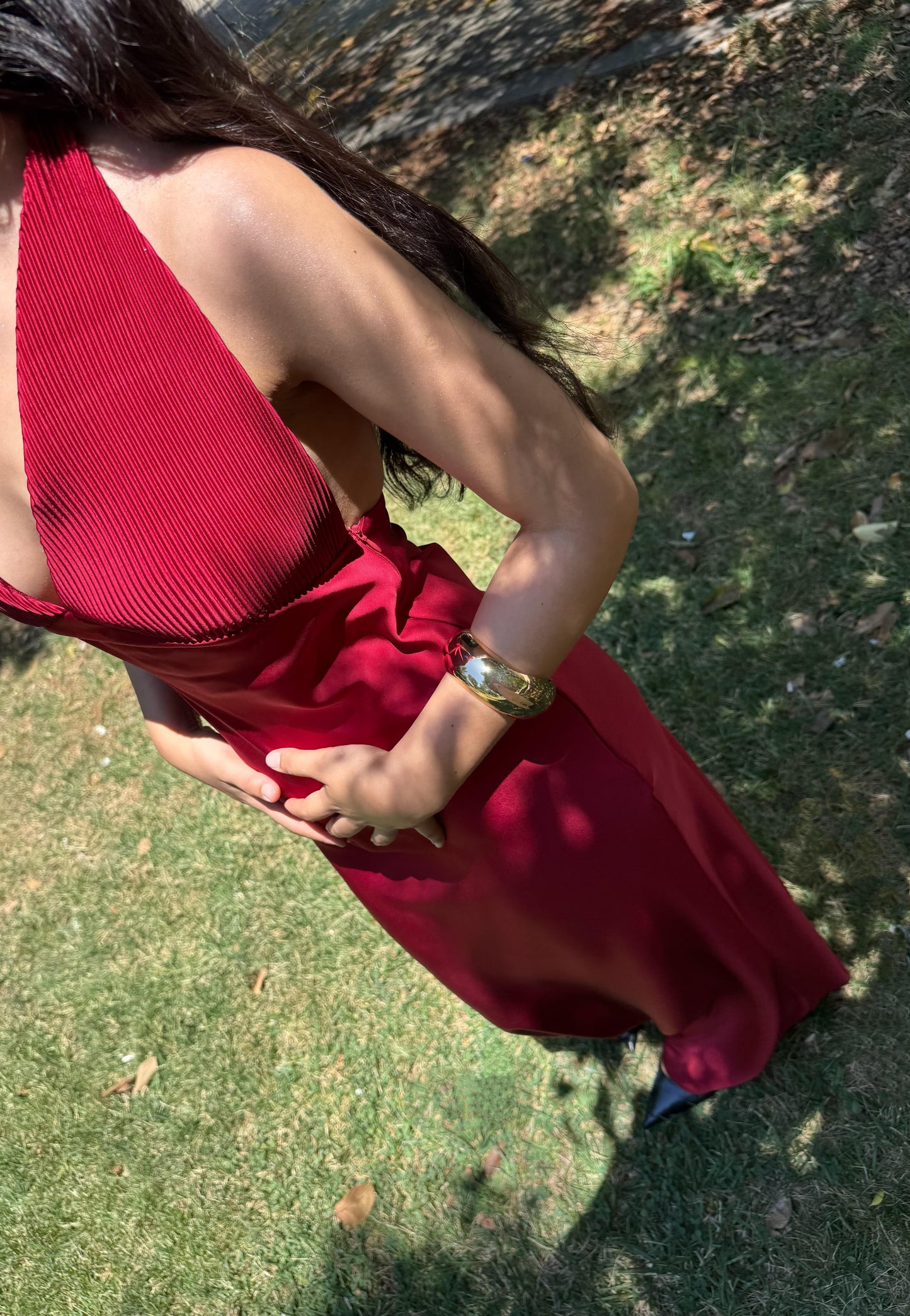 Plise Detaylı Bordo Elbise