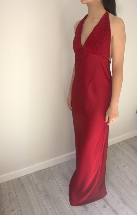 Plise Detaylı Bordo Elbise